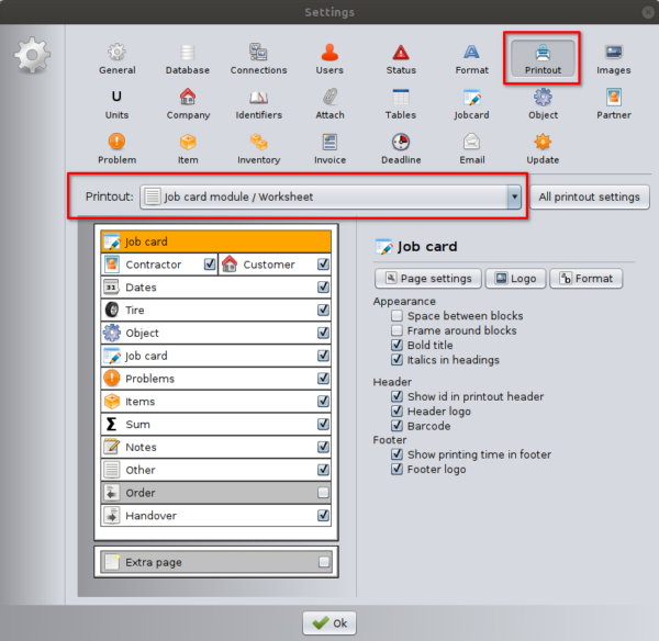 Open Print Out Printout settings – JobcardSystems